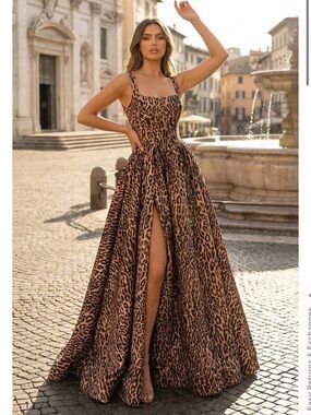 Kissprom Leopard Square Neck Satin A Line Long Prom dress - evening gown